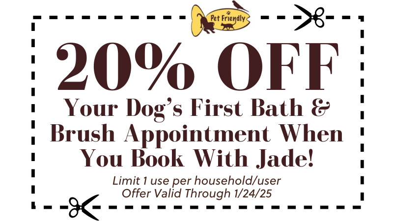 Receive 20% Off Your Dog's first Bath & Brush appointment for dogs when you book with Jade!