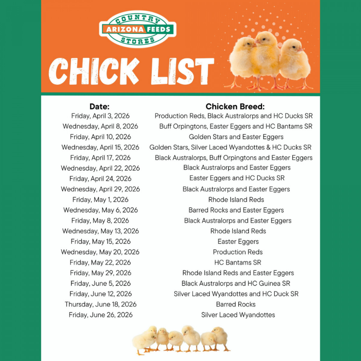 North Store Chick List: April - June 2026