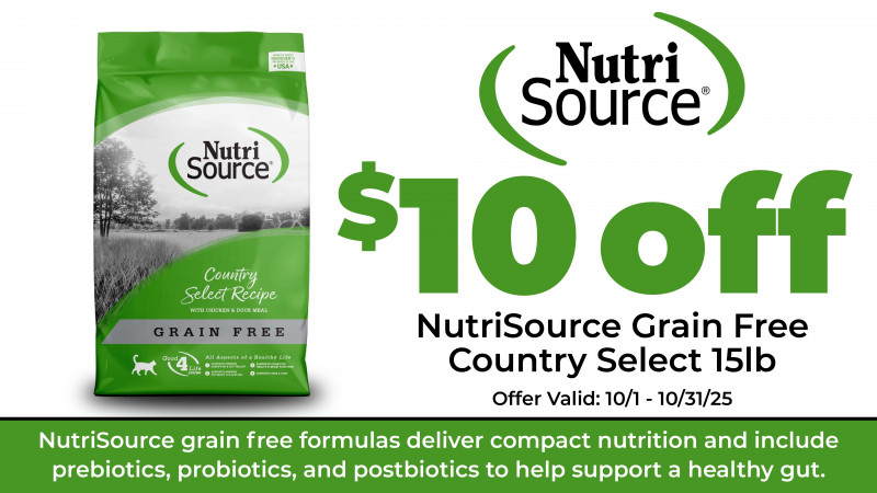 $10 off NutriSource Grain Free Country Select 15lb Bags for Cats