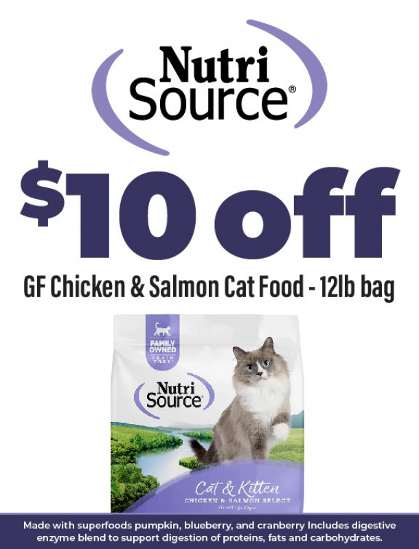 $10 off NutriSource Grain Free Chicken & Salmon Cat Food - 12lb bags