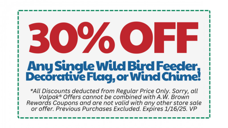 30% Off Any Single Wild Bird Feeder, Decorative Flag, or Wind Chime