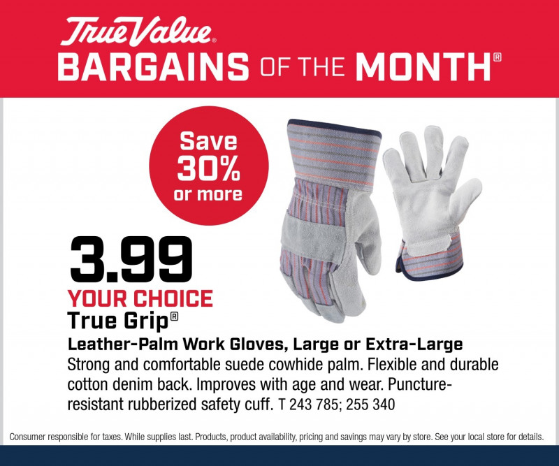 True Grip® Leather-Palm Work Gloves, Large or Extra-Large $3.99